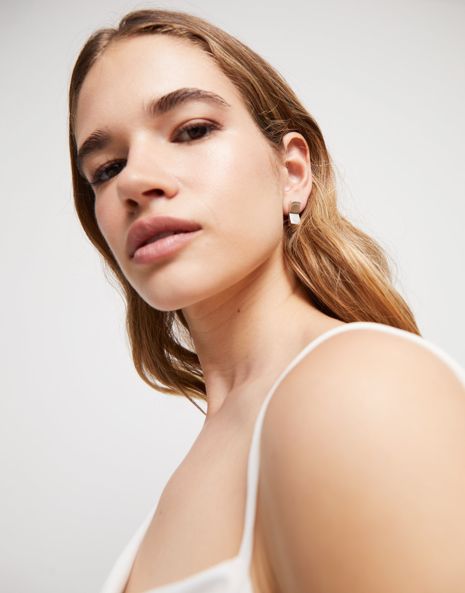 Sterling silver-plated rectangular-shaped earrings, Silver, large thumbnail
